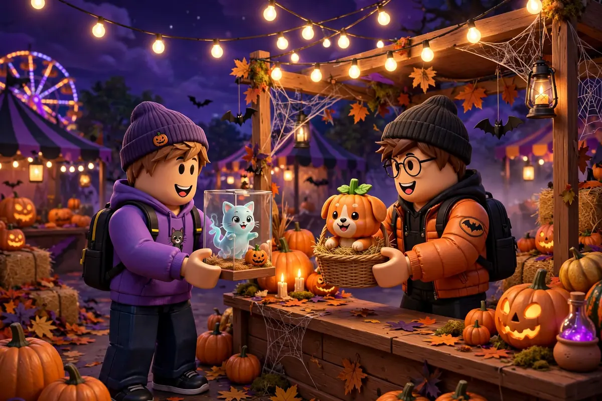 Two players trading pets at the Halloween carnival in this copycat trade value guide